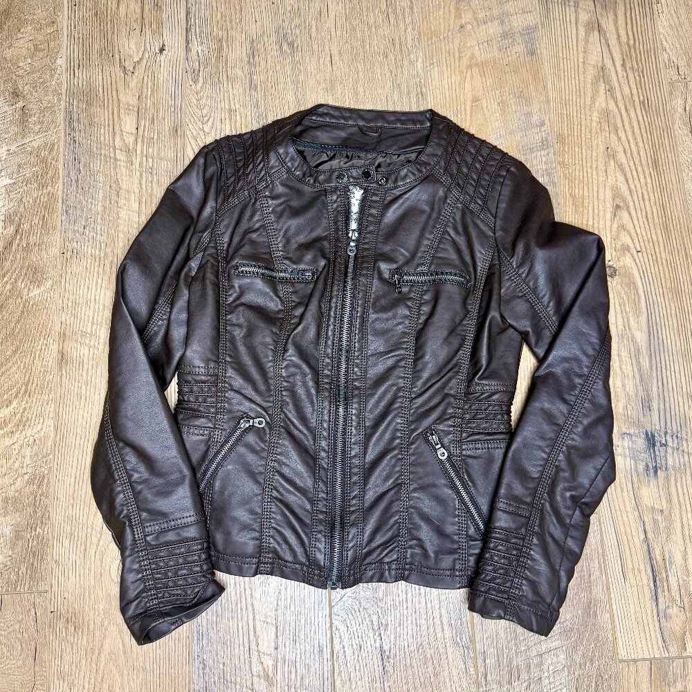 Made by Johnny Faux Leather Motorcycle Motto Biker Jacket Women SZ Med Brown